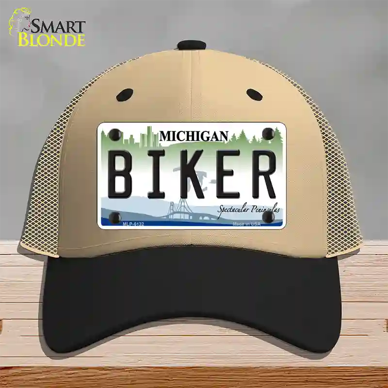 Biker Michigan Novelty License Plate Hat Mesh / Khaki|Black