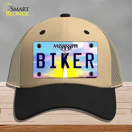 Biker Mississippi Novelty License Plate Hat Mesh / Khaki|Black