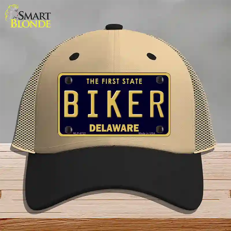 Biker Delaware Novelty License Plate Hat Mesh / Khaki|Black