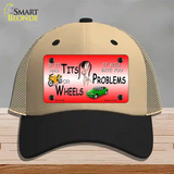 Tits Or Wheels Red Novelty License Plate Hat Mesh / Khaki|Black