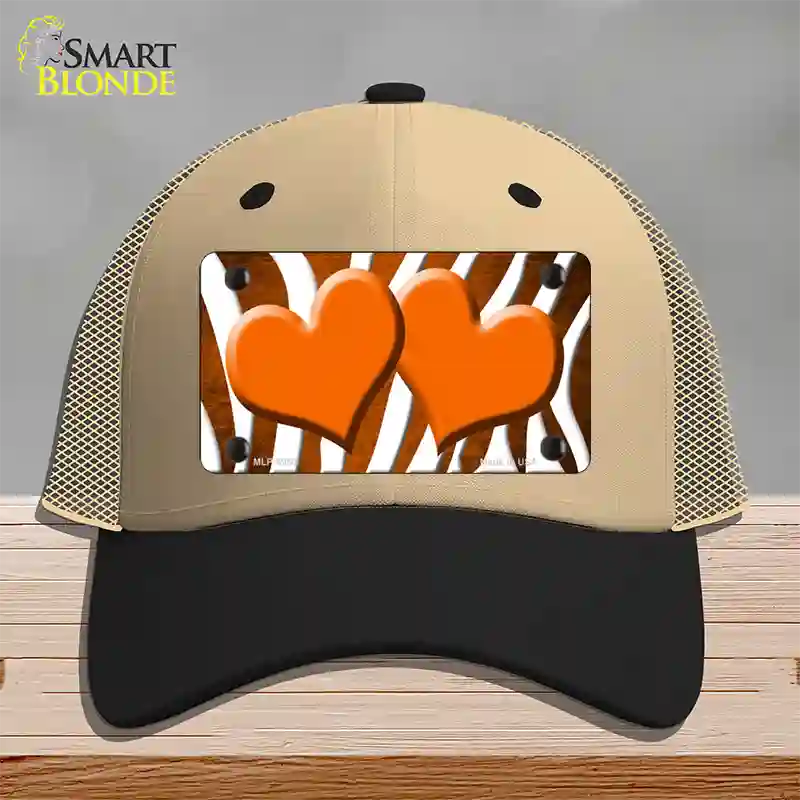 Orange White Zebra Hearts Oil Rubbed Novelty License Plate Hat Mesh / Khaki|Black