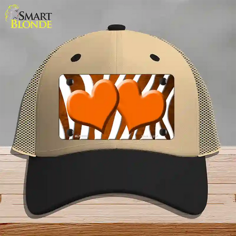 Orange White Zebra Hearts Oil Rubbed Novelty License Plate Hat Mesh / Khaki|Black