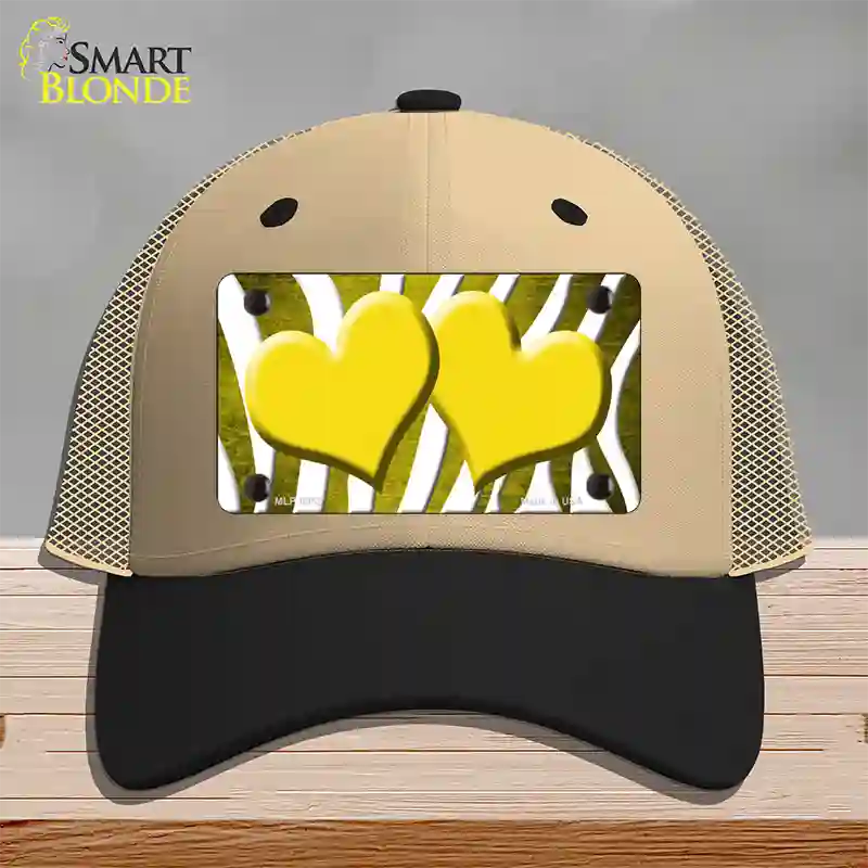 Yellow White Zebra Hearts Oil Rubbed Novelty License Plate Hat Mesh / Khaki|Black