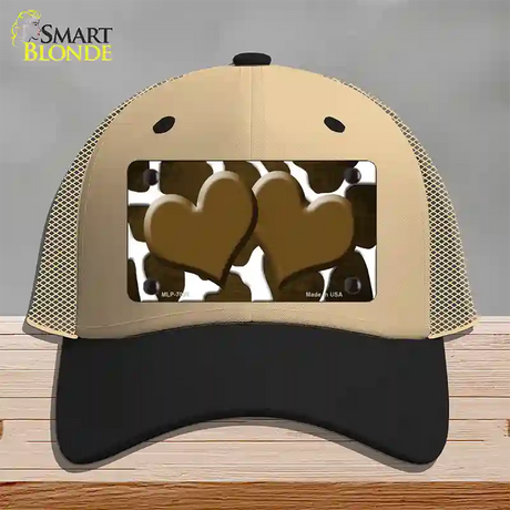 Brown White Hearts Giraffe Oil Rubbed Novelty License Plate Hat Mesh / Khaki|Black