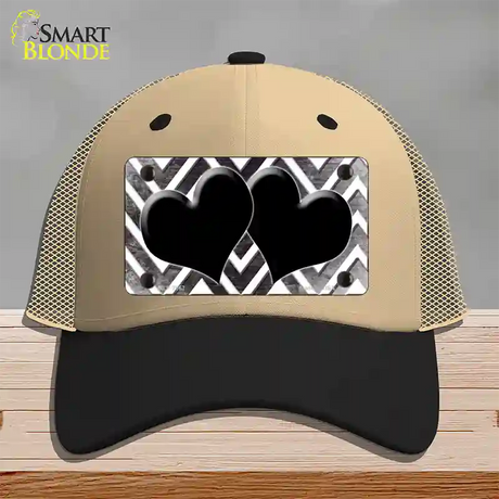 Black White Hearts Chevron Oil Rubbed Novelty License Plate Hat Mesh / Khaki|Black