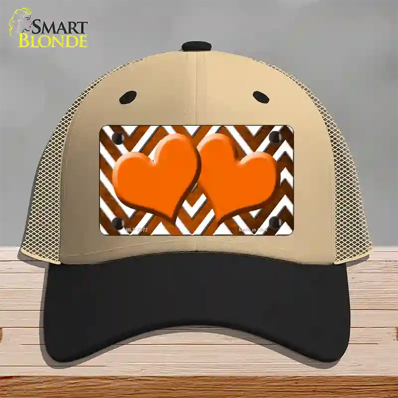 Orange White Hearts Chevron Oil Rubbed Novelty License Plate Hat Mesh / Khaki|Black