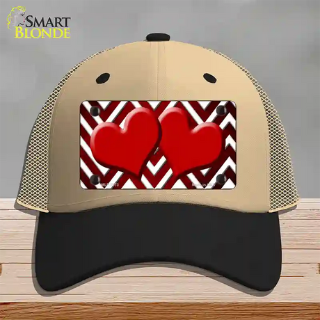 Red White Hearts Chevron Oil Rubbed Novelty License Plate Hat Mesh / Khaki|Black