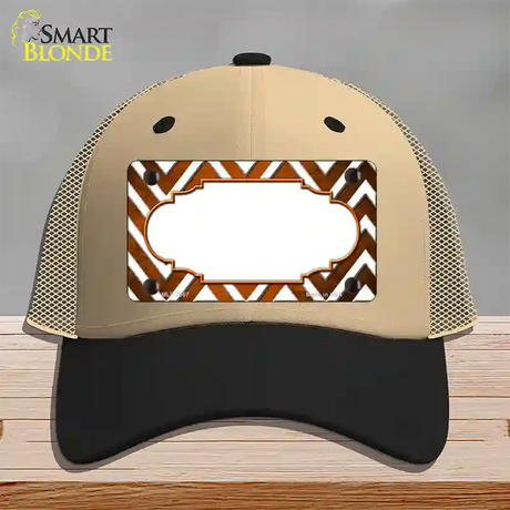 Orange White Chevron Scallop Oil Rubbed Novelty License Plate Hat Mesh / Khaki|Black