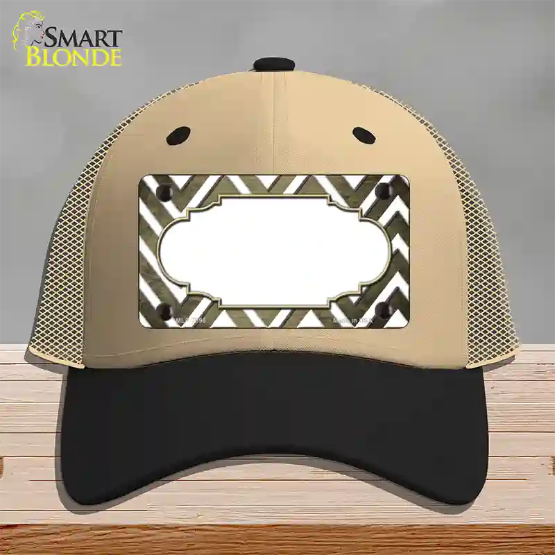 Gold White Chevron Scallop Oil Rubbed Novelty License Plate Hat Mesh / Khaki|Black