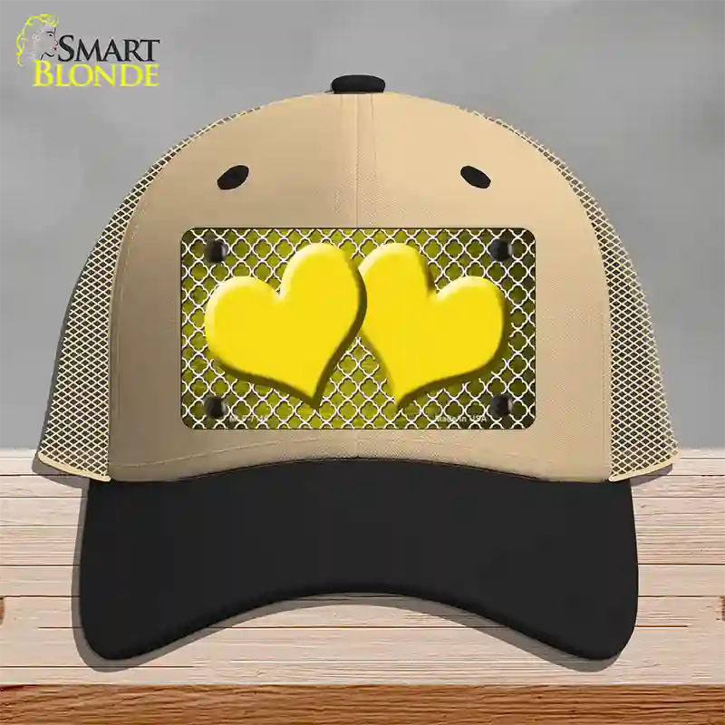 Yellow White Quatrefoil Hearts Oil Rubbed Novelty License Plate Hat Mesh / Khaki|Black