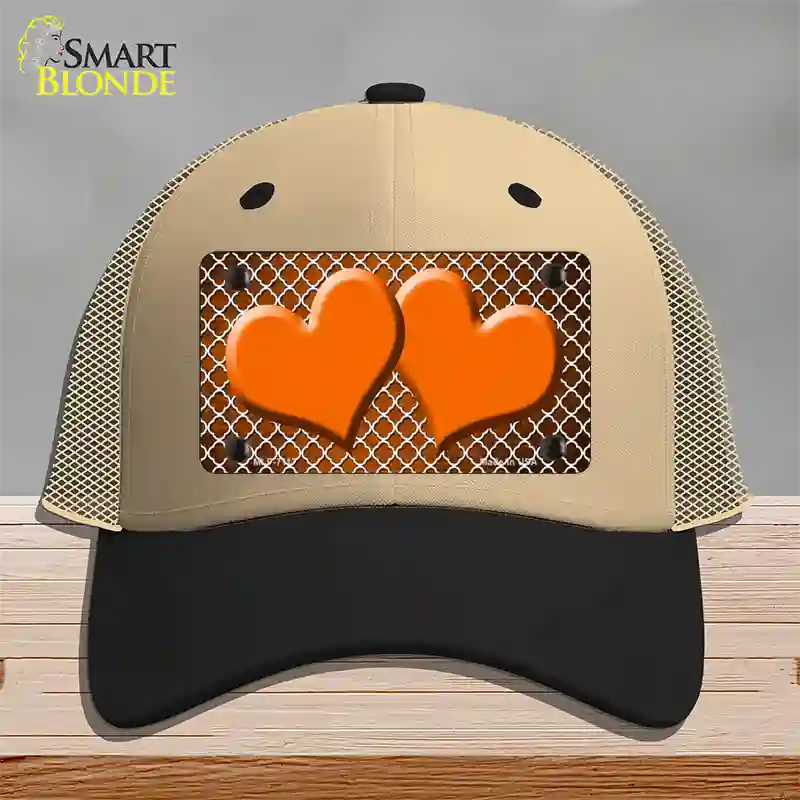 Orange White Quatrefoil Hearts Oil Rubbed Novelty License Plate Hat Mesh / Khaki|Black