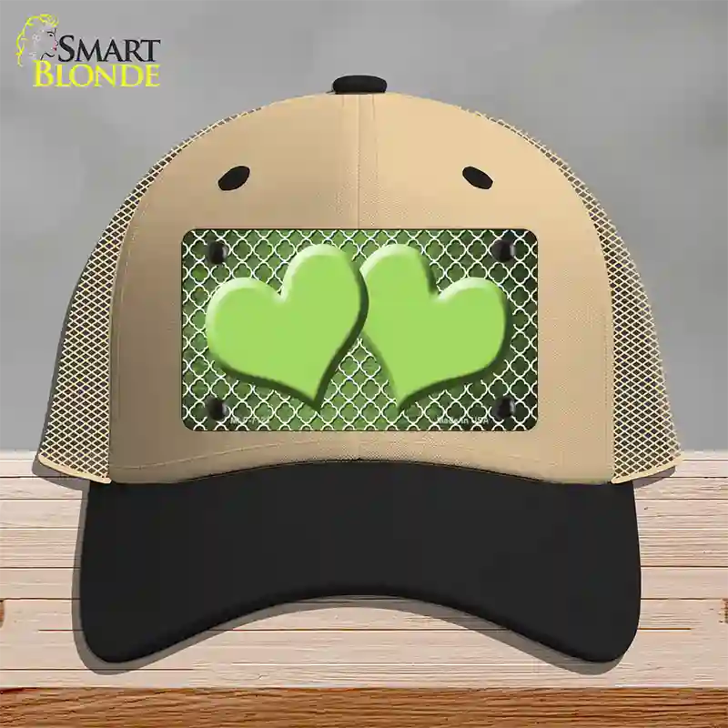 Lime Green White Quatrefoil Hearts Oil Rubbed Novelty License Plate Hat Mesh / Khaki|Black