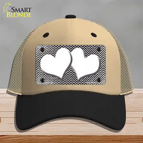 Black White Small Chevron Hearts Oil Rubbed Novelty License Plate Hat Mesh / Khaki|Black