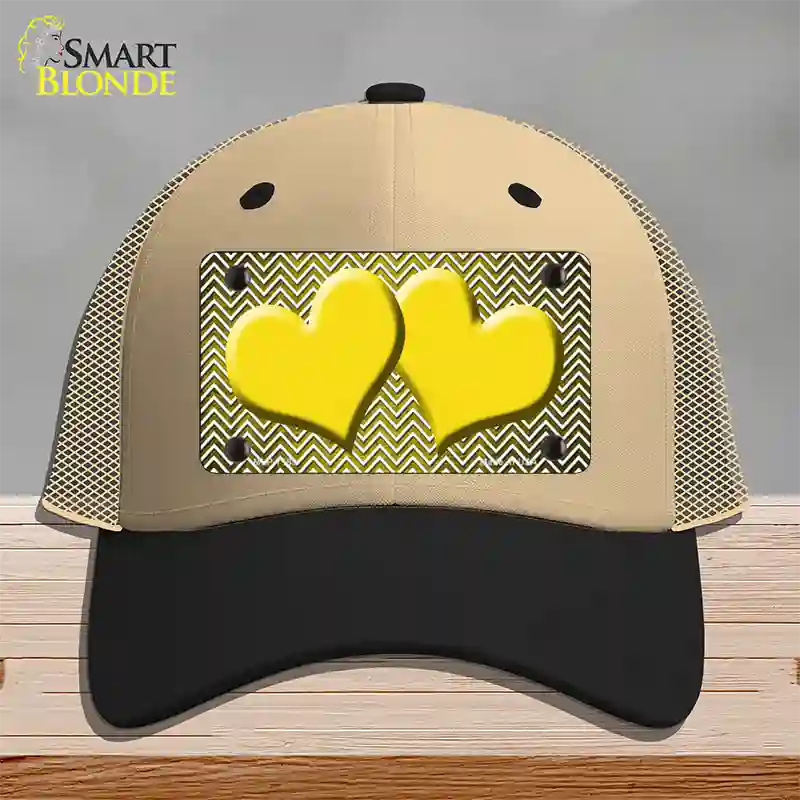 Yellow White Small Chevron Hearts Oil Rubbed Novelty License Plate Hat Mesh / Khaki|Black