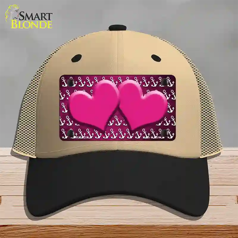 Pink White Anchor Hearts Oil Rubbed Novelty License Plate Hat Mesh / Khaki|Black