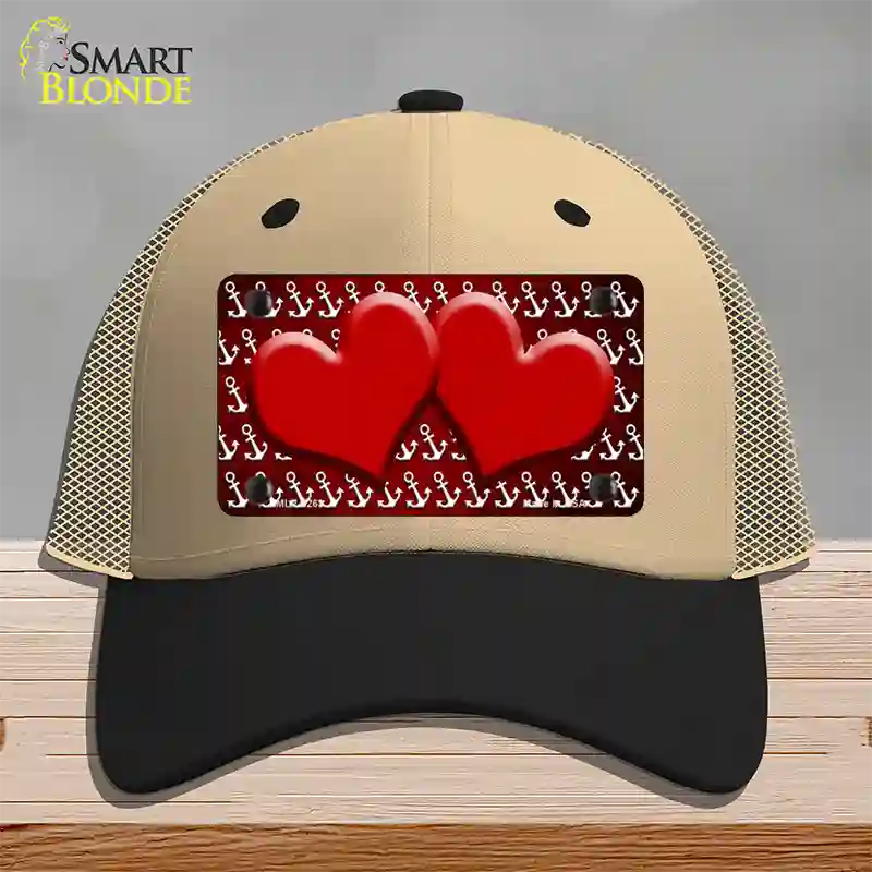 Red White Anchor Hearts Oil Rubbed Novelty License Plate Hat Mesh / Khaki|Black