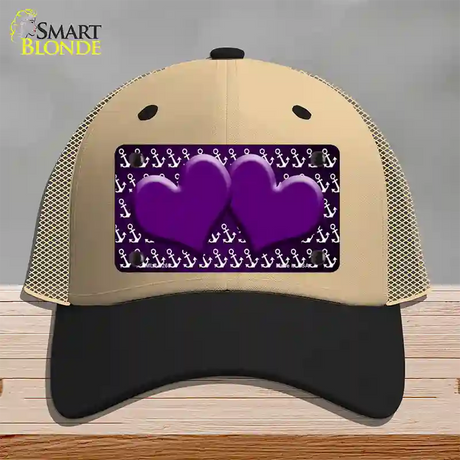 Purple White Anchor Hearts Oil Rubbed Novelty License Plate Hat Mesh / Khaki|Black