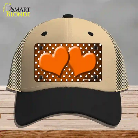 Orange White Small Dots Hearts Oil Rubbed Novelty License Plate Hat Mesh / Khaki|Black