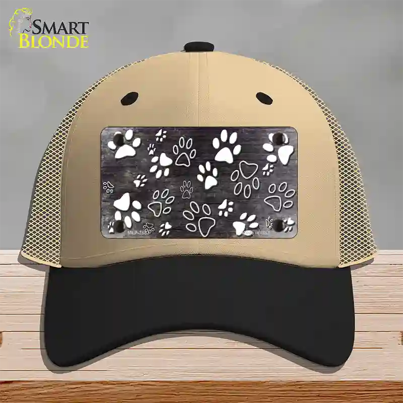 Black White Paw Oil Rubbed Novelty License Plate Hat Mesh / Khaki|Black