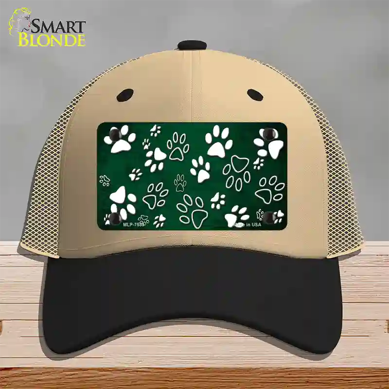 Green White Paw Oil Rubbed Novelty License Plate Hat Mesh / Khaki|Black