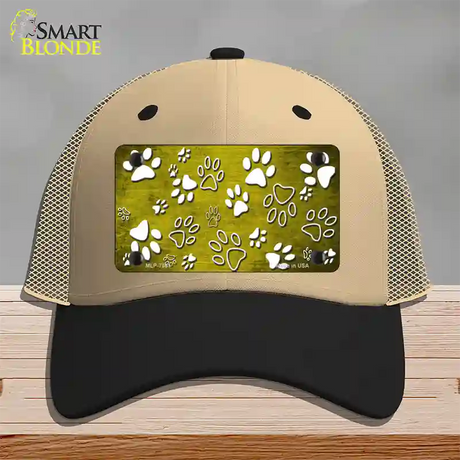 Yellow White Paw Oil Rubbed Novelty License Plate Hat Mesh / Khaki|Black