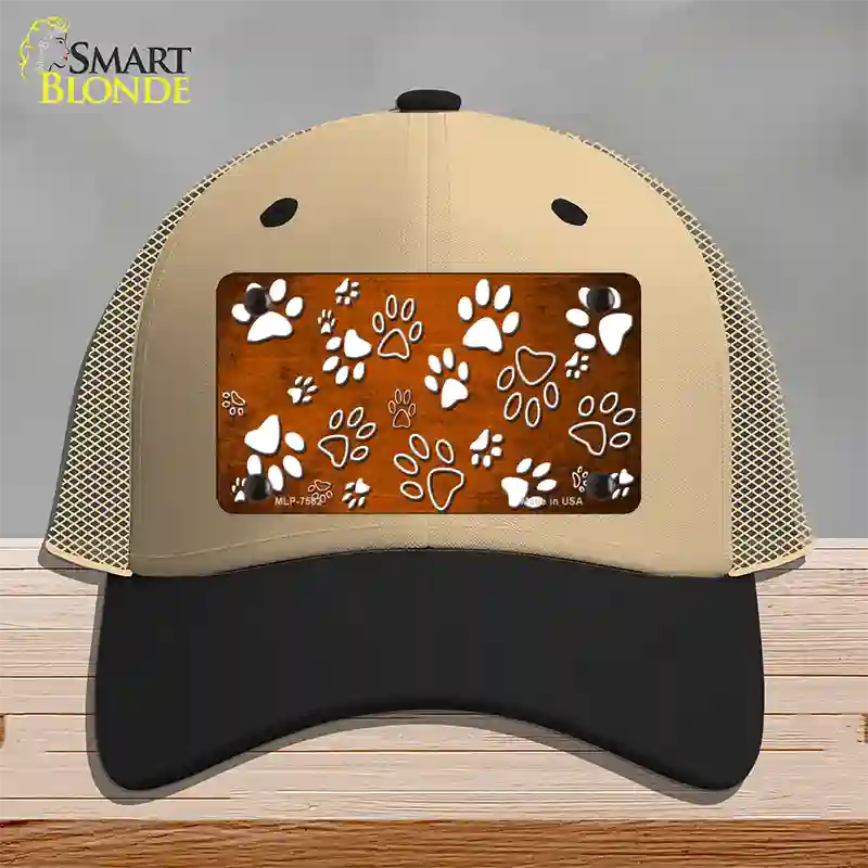 Orange White Paw Oil Rubbed Novelty License Plate Hat Mesh / Khaki|Black