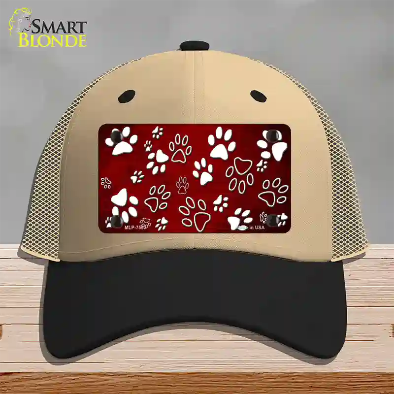 Red White Paw Oil Rubbed Novelty License Plate Hat Mesh / Khaki|Black