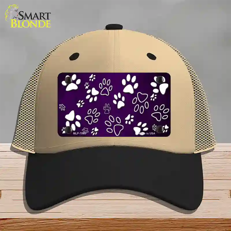 Purple White Paw Oil Rubbed Novelty License Plate Hat Mesh / Khaki|Black