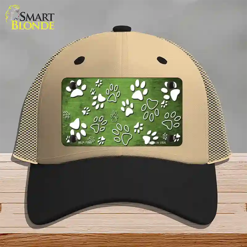 Lime Green White Paw Oil Rubbed Novelty License Plate Hat Mesh / Khaki|Black