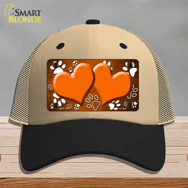 Paw Heart Orange White Novelty License Plate Hat Mesh / Khaki|Black