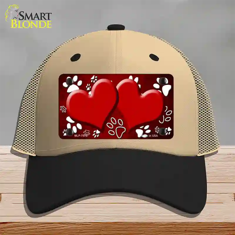 Paw Heart Red White Novelty License Plate Hat Mesh / Khaki|Black