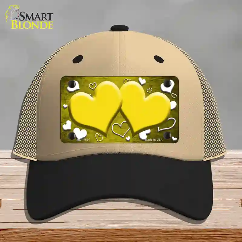 Yellow White Love Hearts Oil Rubbed Novelty License Plate Hat Mesh / Khaki|Black