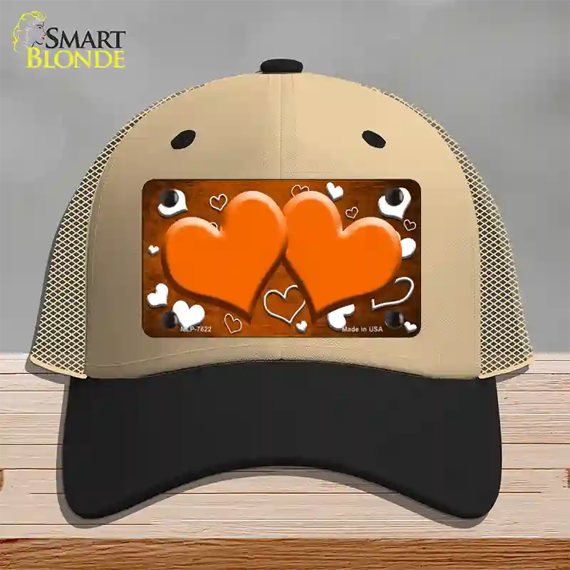 Orange White Love Hearts Oil Rubbed Novelty License Plate Hat Mesh / Khaki|Black