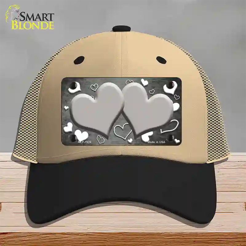 Gray White Love Hearts Oil Rubbed Novelty License Plate Hat Mesh / Khaki|Black