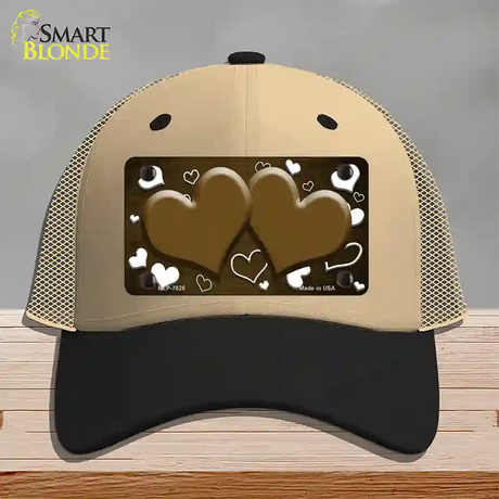 Brown White Love Hearts Oil Rubbed Novelty License Plate Hat Mesh / Khaki|Black