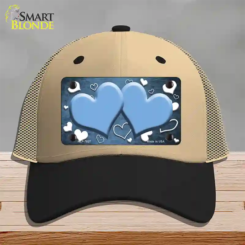 Light Blue White Love Hearts Oil Rubbed Novelty License Plate Hat Mesh / Khaki|Black