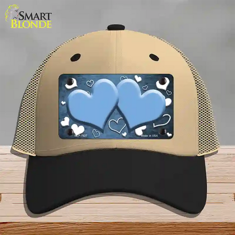 Light Blue White Love Hearts Oil Rubbed Novelty License Plate Hat Mesh / Khaki|Black