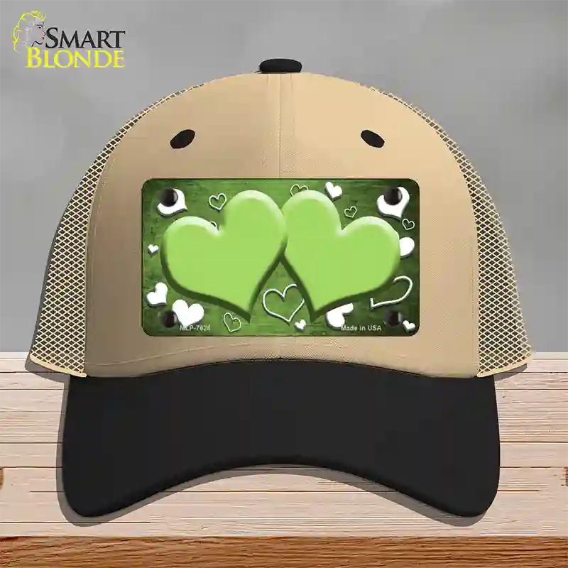 Lime Green White Love Hearts Oil Rubbed Novelty License Plate Hat Mesh / Khaki|Black