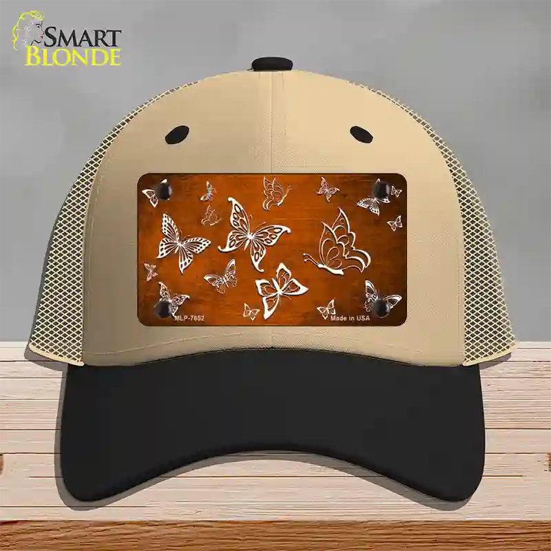 Orange White Butterfly Oil Rubbed Novelty License Plate Hat Mesh / Khaki|Black