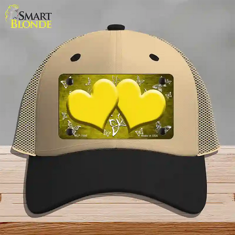 Yellow White Hearts Butterfly Oil Rubbed Novelty License Plate Hat Mesh / Khaki|Black