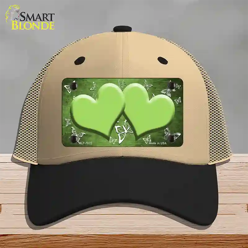 Lime Green White Hearts Butterfly Oil Rubbed Novelty License Plate Hat Mesh / Khaki|Black