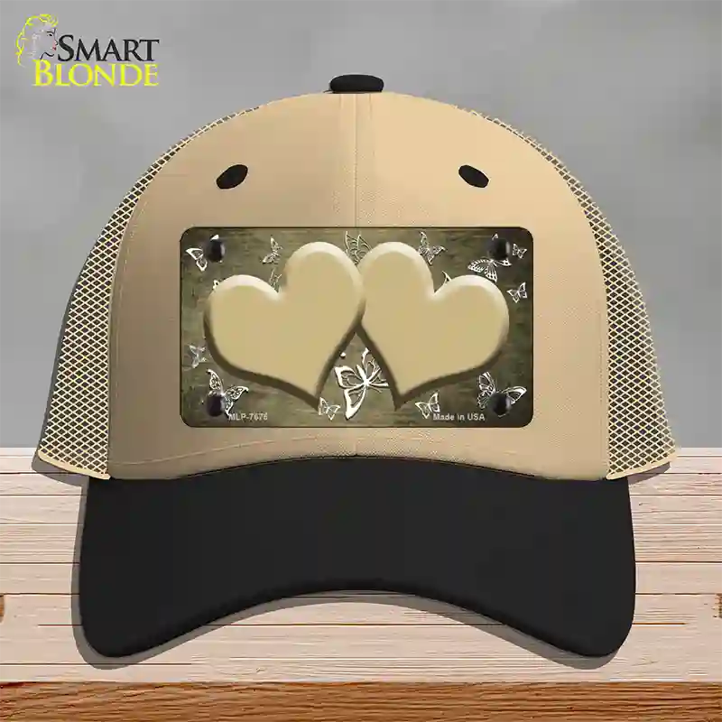 Gold White Hearts Butterfly Oil Rubbed Novelty License Plate Hat Mesh / Khaki|Black