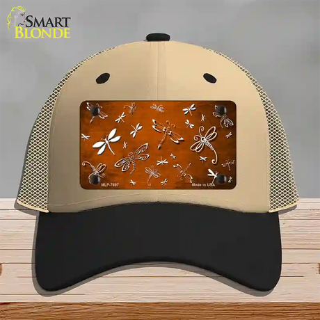 Orange White Dragonfly Oil Rubbed Novelty License Plate Hat Mesh / Khaki|Black