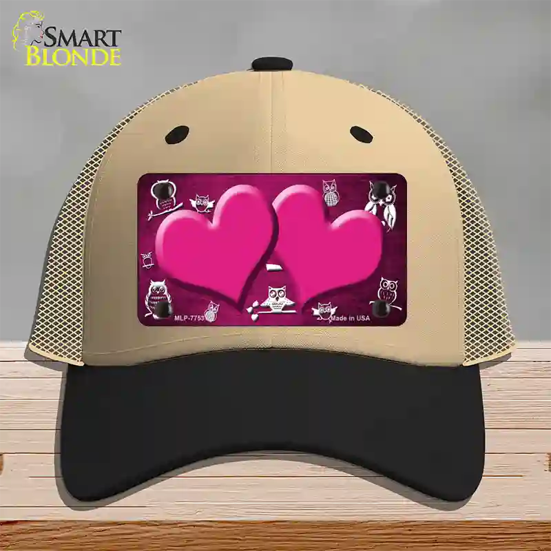 Pink White Owl Hearts Oil Rubbed Novelty License Plate Hat Mesh / Khaki|Black