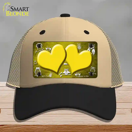 Yellow White Owl Hearts Oil Rubbed Novelty License Plate Hat Mesh / Khaki|Black