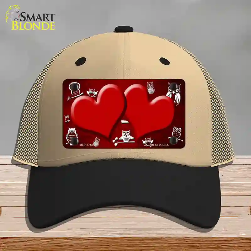 Red White Owl Hearts Oil Rubbed Novelty License Plate Hat Mesh / Khaki|Black