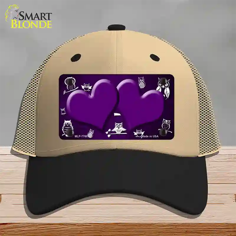 Purple White Owl Hearts Oil Rubbed Novelty License Plate Hat Mesh / Khaki|Black