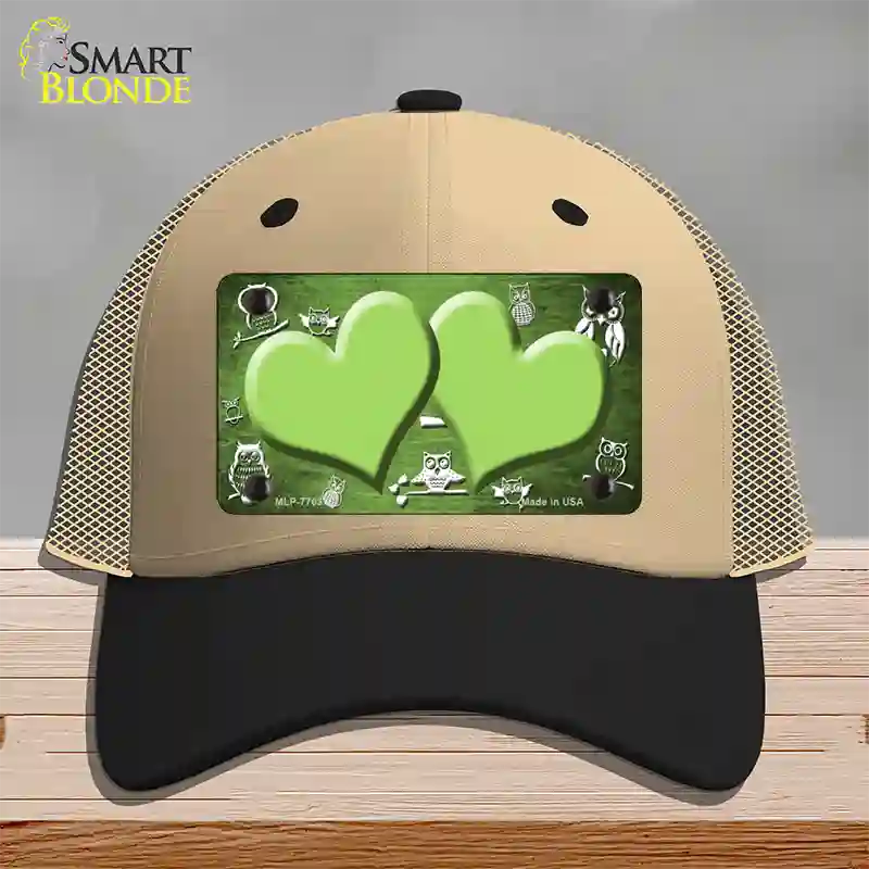 Lime Green White Owl Hearts Oil Rubbed Novelty License Plate Hat Mesh / Khaki|Black