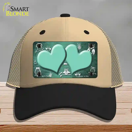 Mint White Owl Hearts Oil Rubbed Novelty License Plate Hat Mesh / Khaki|Black