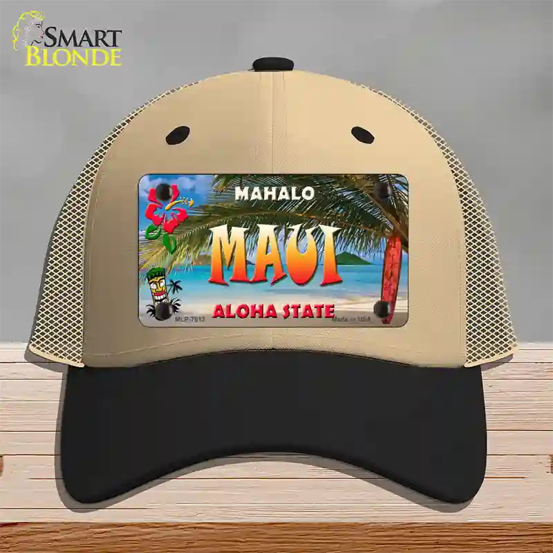 Maui Hawaii State Novelty License Plate Hat Mesh / Khaki|Black